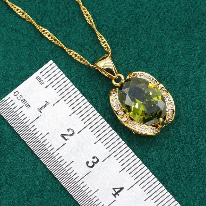 Women's rhinestone zircon jewellery suit with copper inlay, snake bones chain necklace, earrings, and ring in olive green or red colour