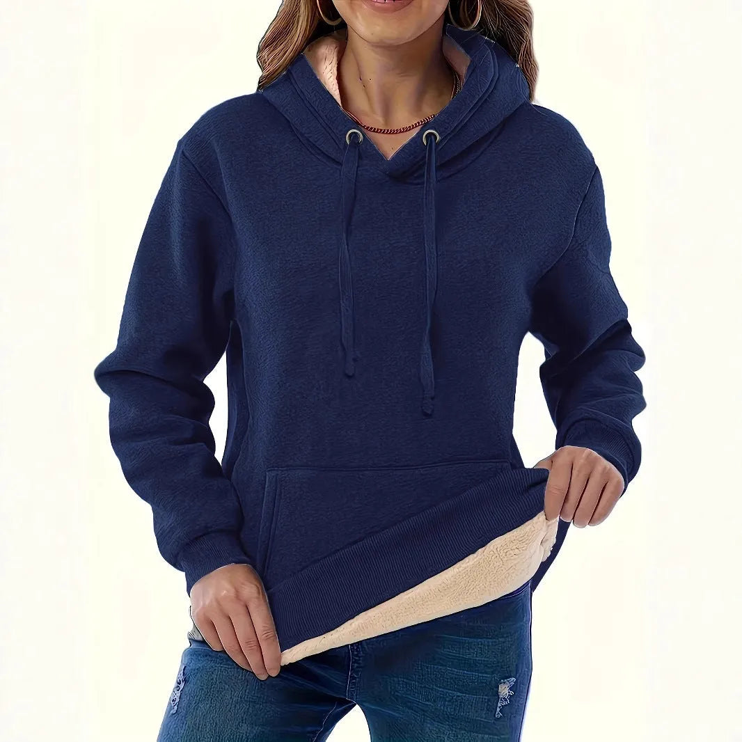 Women's black hooded sweater with 3D pattern design and front pockets