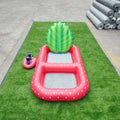 Inflatable pineapple pool lounger with cup holder floating on water in yellow colour