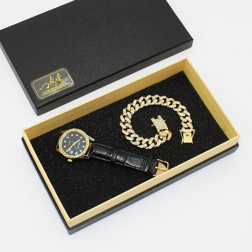 Black plate men's and women's couple watch set with metal bracelets in gift box