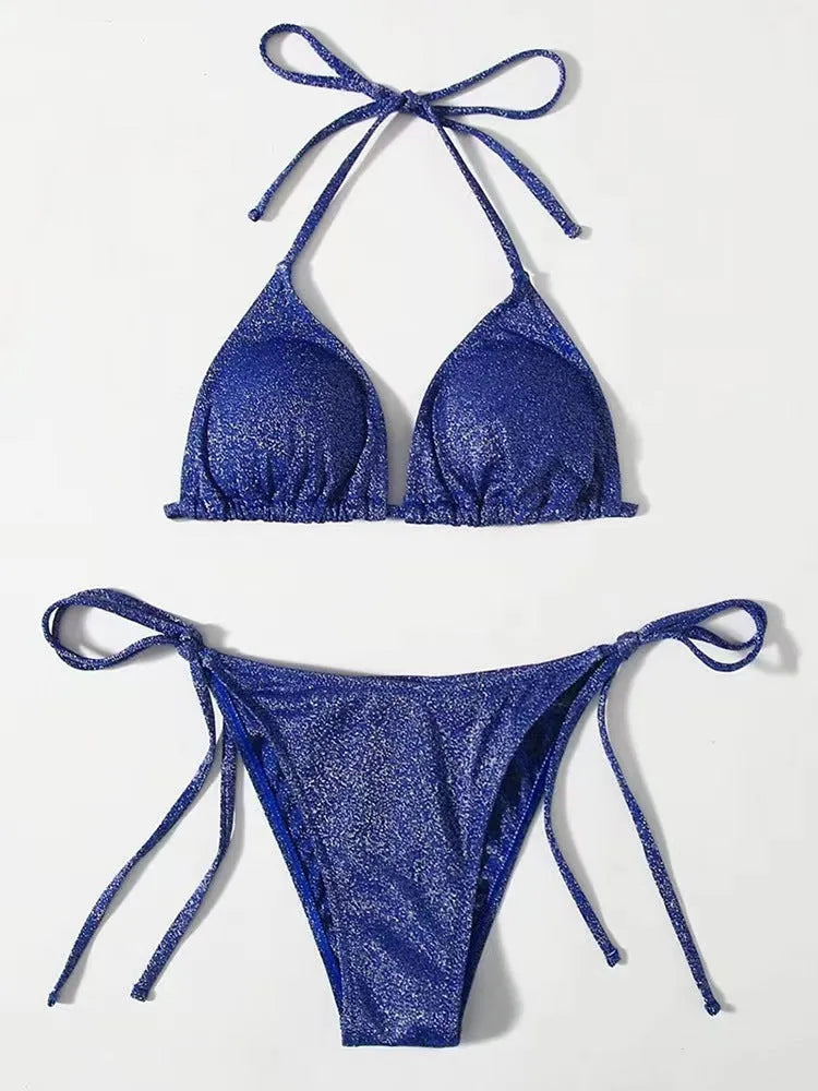 Women's bandage style bikini swimsuit set in polyester, shown in khaki gold colour.