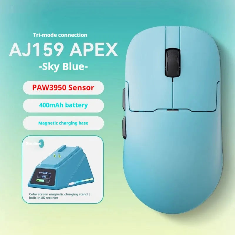 AJ159 gaming mouse in various colours showing compact design with Teflon feet.