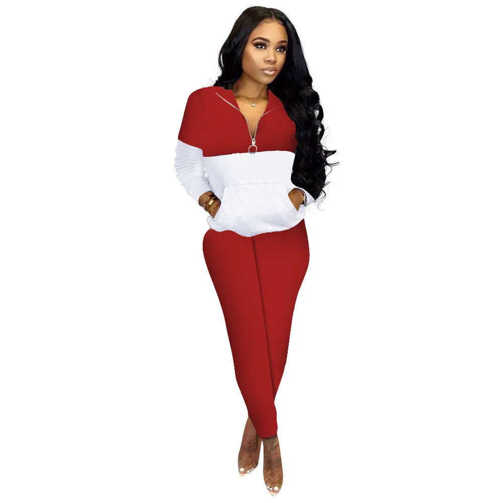 Women's casual solid colour stitching two-piece set with long-sleeved top and trousers