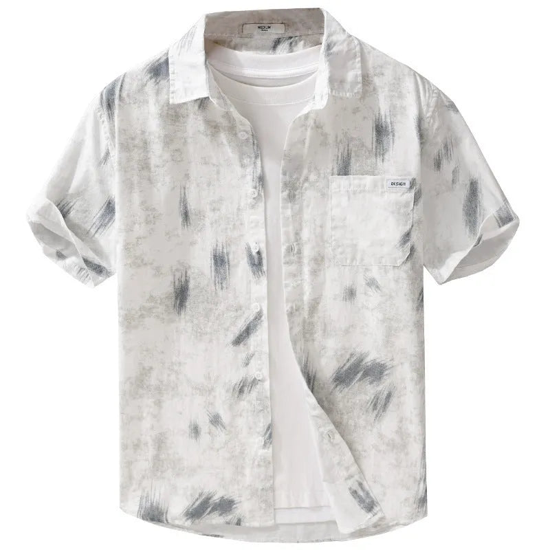 Men's light green floral print cotton cardigan with short sleeves on hanger