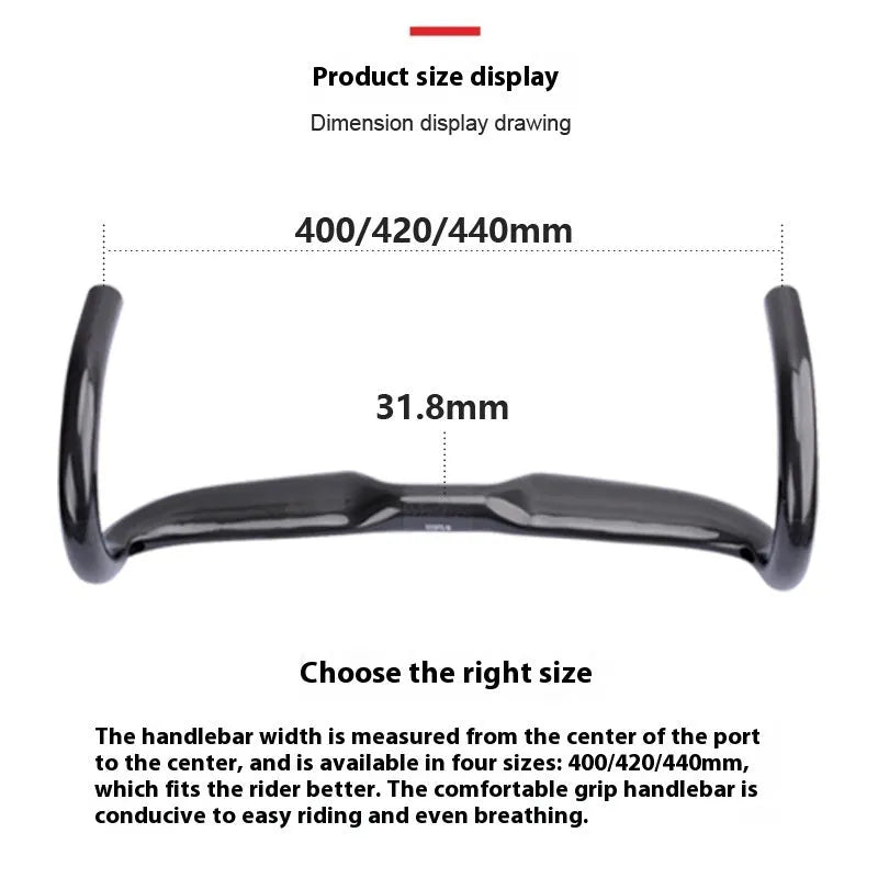 Carbon fibre road bicycle drop handlebar in Black Grey Silver showing Matte and Bright finish options at 400mm 420mm 440mm widths