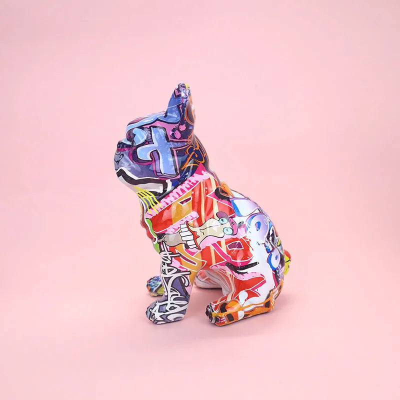 Modern simple resin bulldog statue in graffiti colour on a shelf