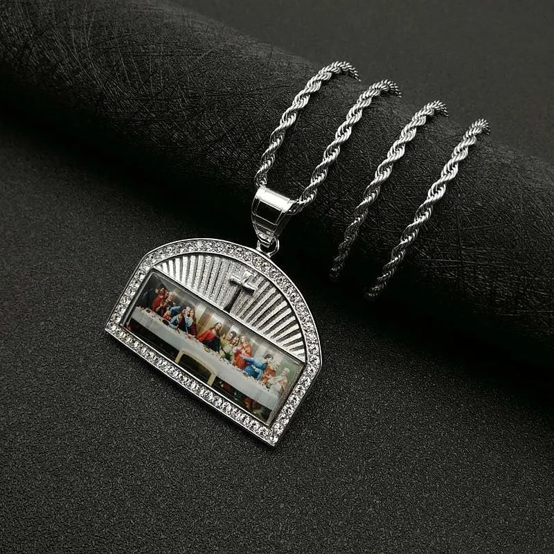 Titanium steel gold-plated thirteen apostles pendant necklace with gang drill texture on black background