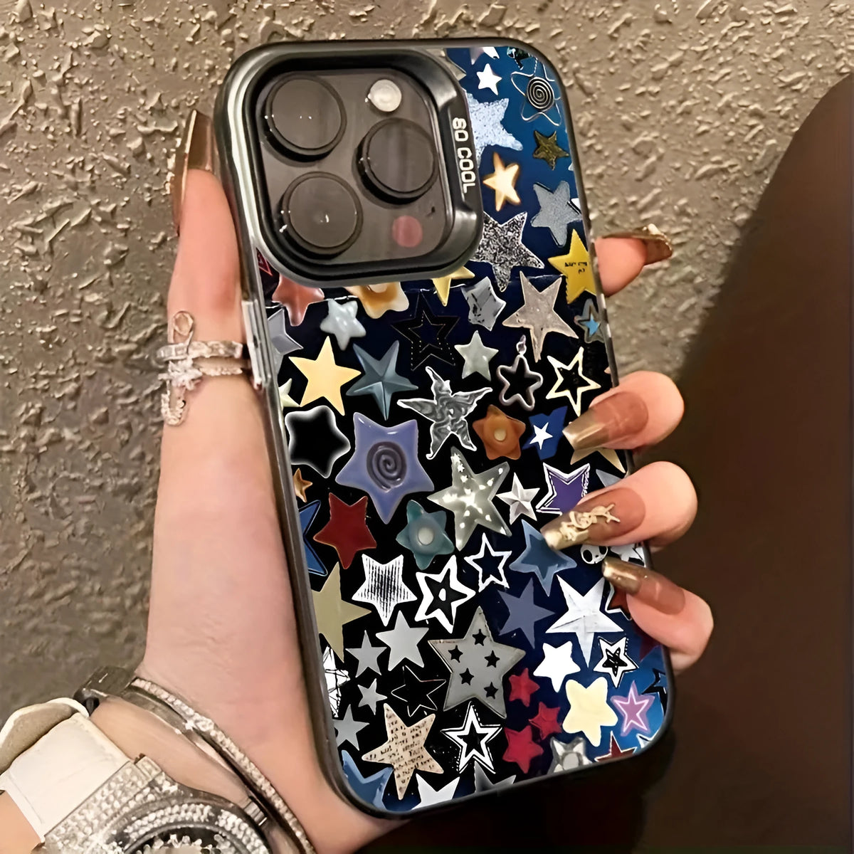 Black PC hard phone case for iPhone with five-pointed star laser design, anti-fingerprint coating