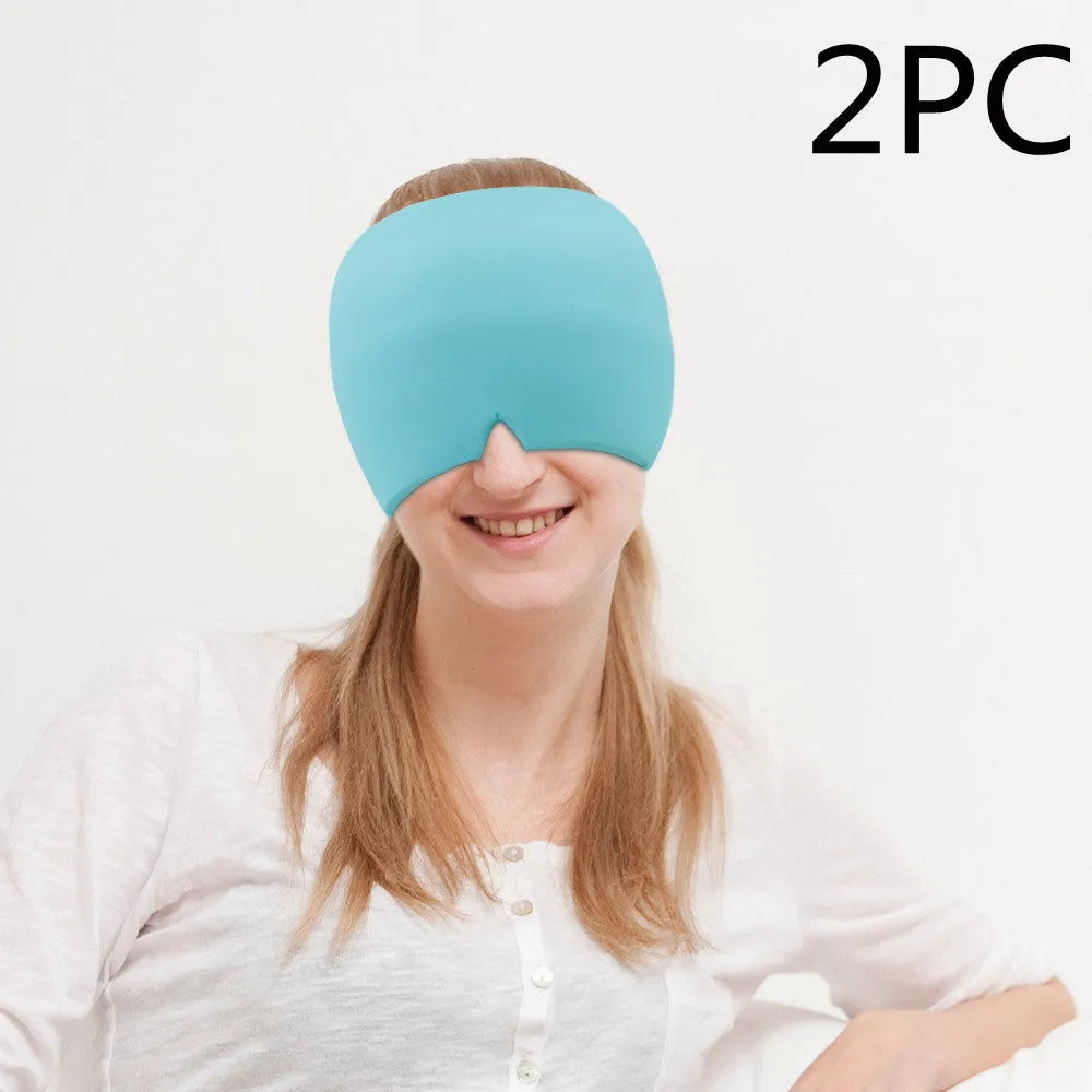 Black elastic ice gel headache relief eye mask shown on a mannequin head, adjustable for 42-66cm circumference.