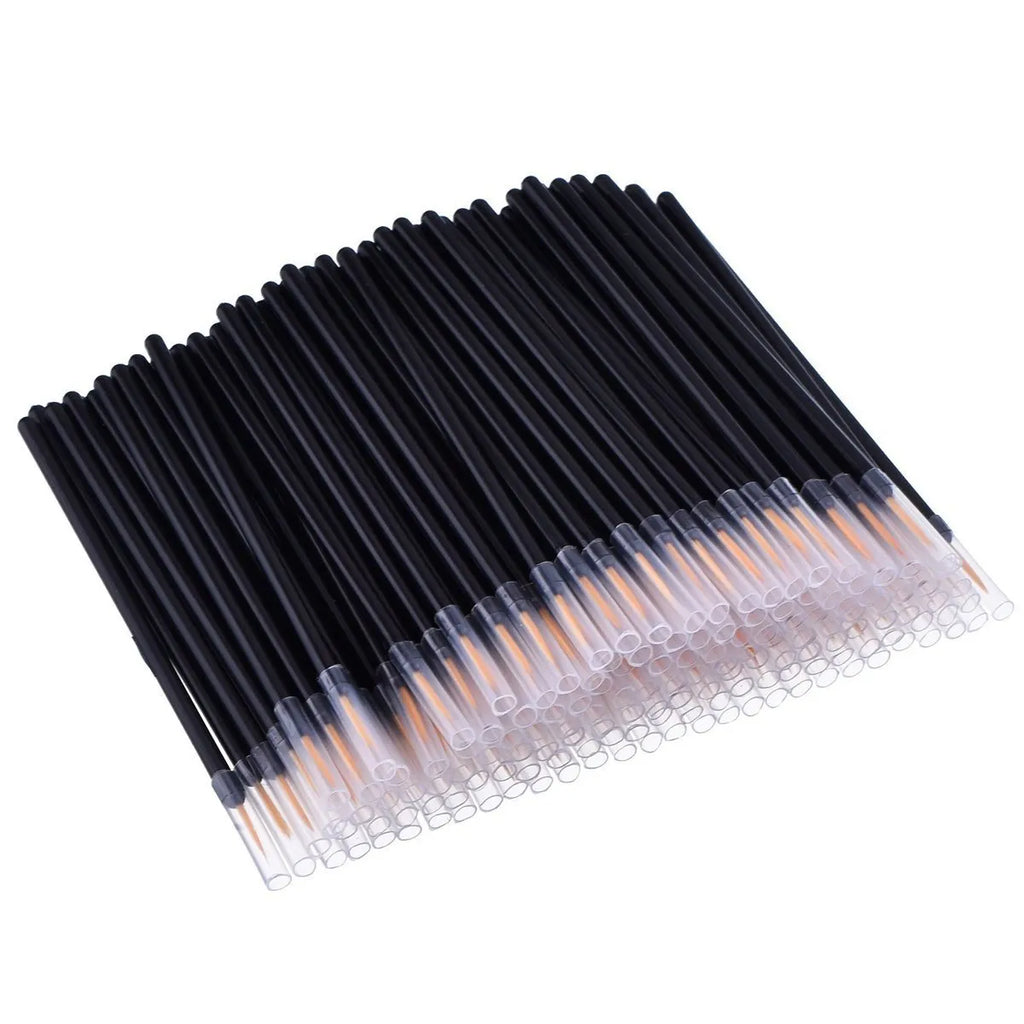Pack of 100 black disposable eyeliner brushes with fine pointed tips and individual plastic sleeves.