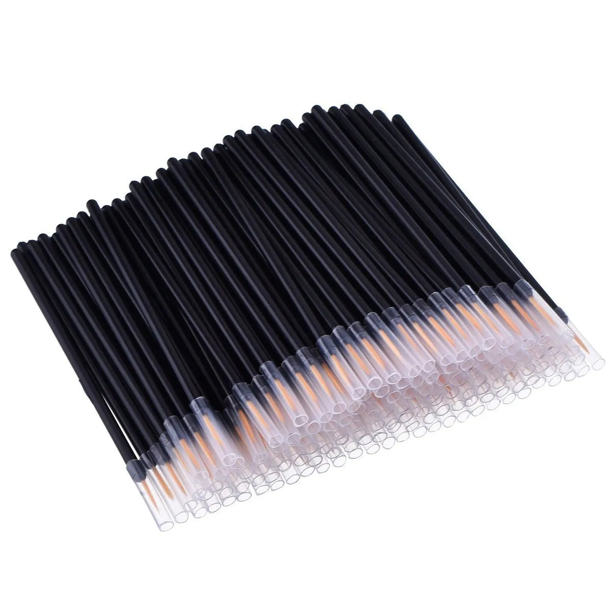 Pack of 100 black disposable eyeliner brushes with fine pointed tips and individual plastic sleeves.