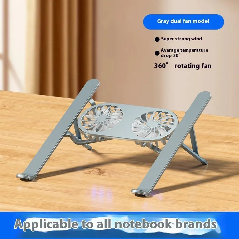 Silver aluminium laptop stand with twin blue LED cooling fans in a folded position next to its cloth carry bag.