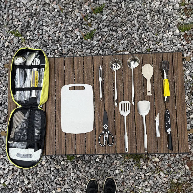 Portable khaki bag containing a 12-piece stainless steel picnic kitchenware set for outdoor dining.