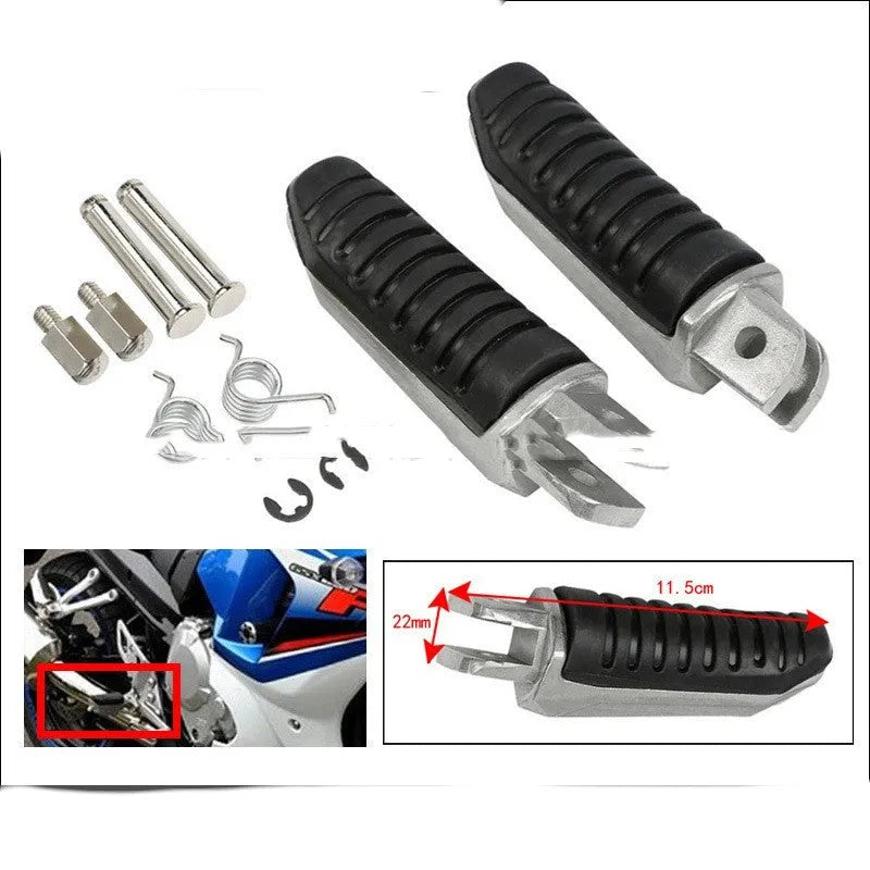 Black aluminium alloy motorcycle footpegs for Suzuki GSX and V-Strom series installation
