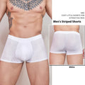 Men's striped underwear in thin transparent nylon fabric showing elastic waistband