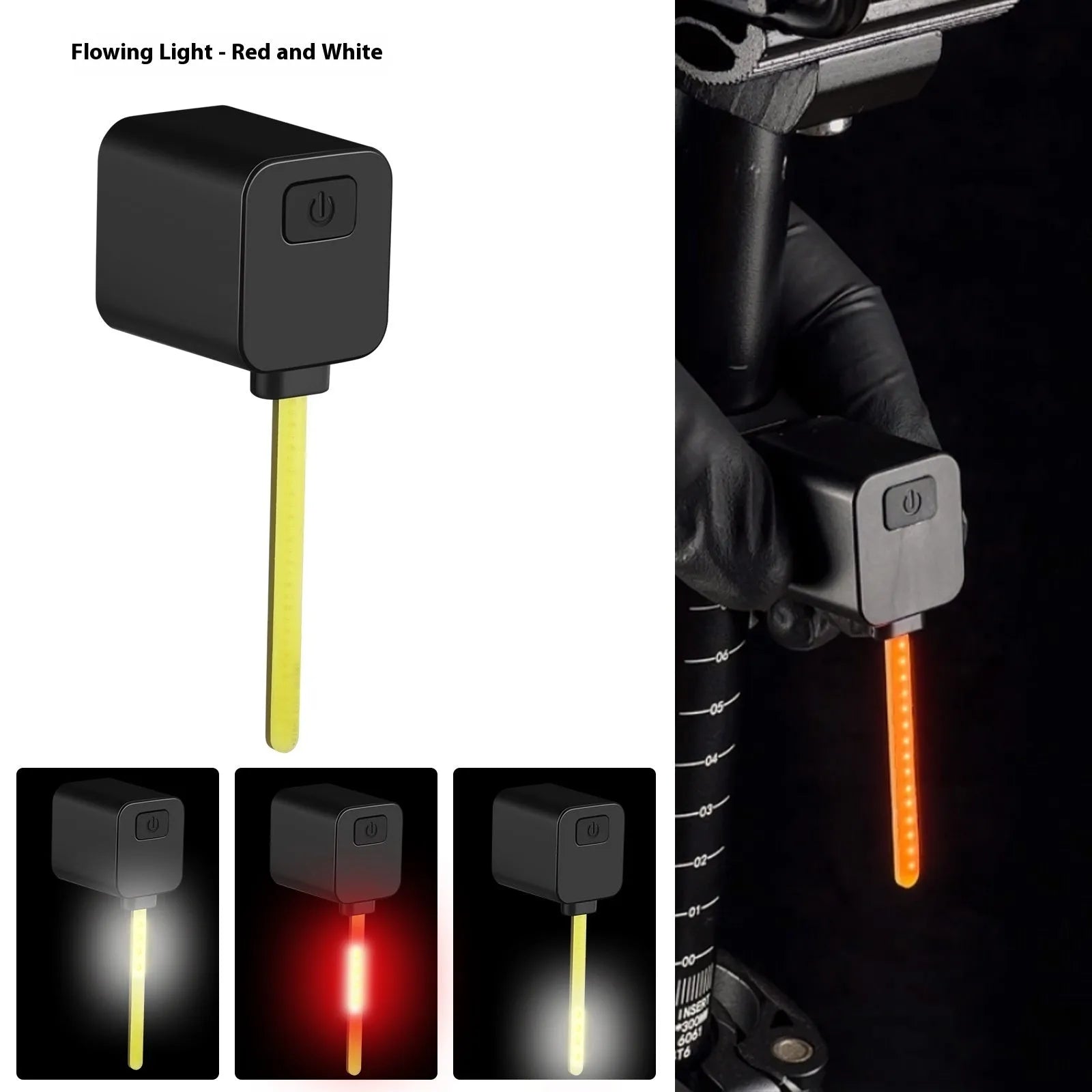 USB rechargeable bicycle running water tail light with silicone strap mount on a bike seat tube.