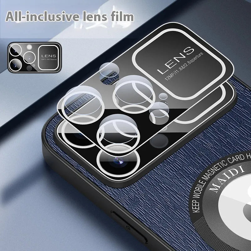 Magnetic phone case with large window and tree pattern, TPU leather, in silver gray, vibrant orange, elegant black, and sapphire blue.