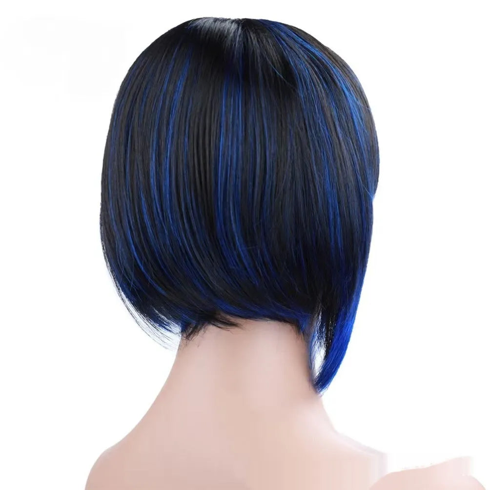 Short bangs synthetic wig in mixed 1B Blue Japanese silk fibre with non-hot dyed colour