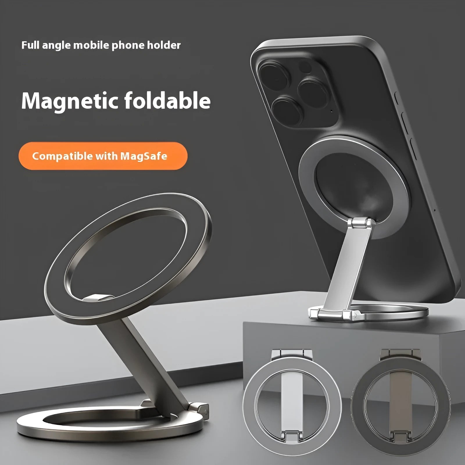 Full metal fastened ring desktop stand in black holding a tablet on a desk