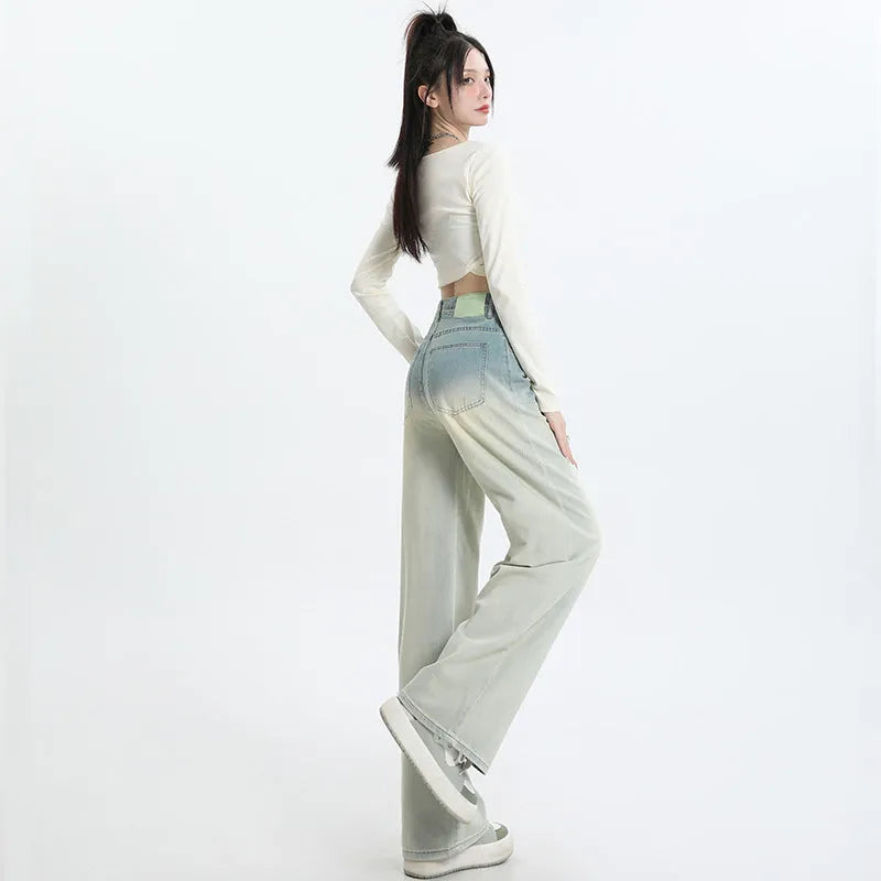 Women wearing HS 975 gradient blue straight-leg wide leg denim trousers.