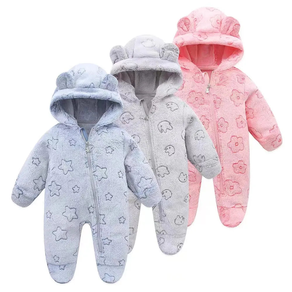 Flannel baby jumpsuit in grey with long climbing style and hide hooks closure for warmth