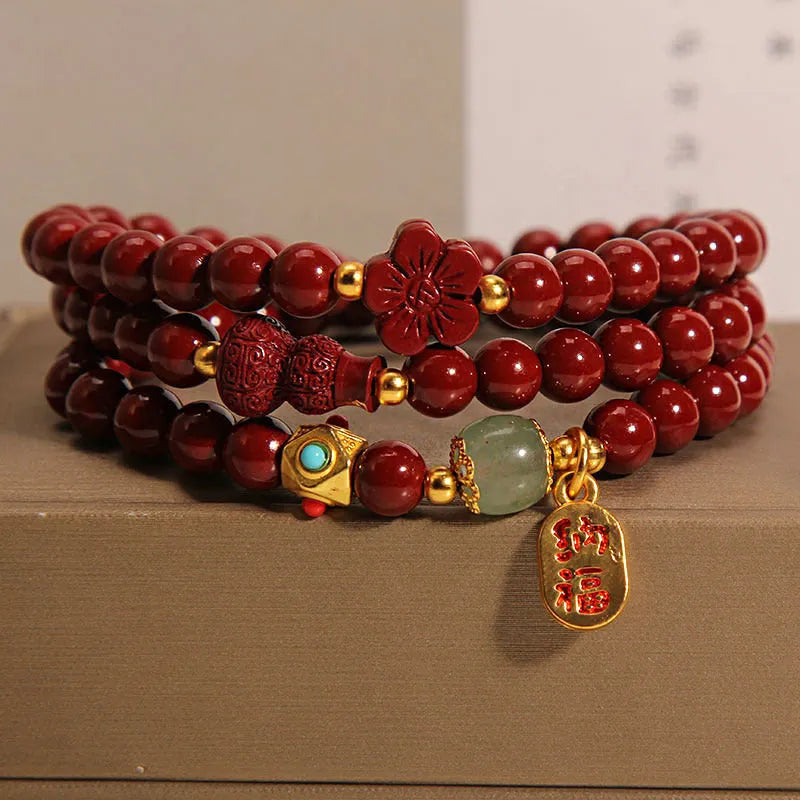 6mm cinnabar bracelet with multi-circle gourd and five petal flower design, polished Chinese-style women's jewellery