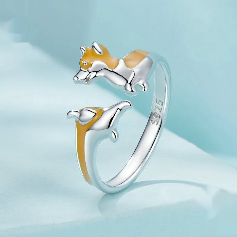 Silver electroplated fashion ring featuring cartoon corgi dog design with SCR1014-E colour finish