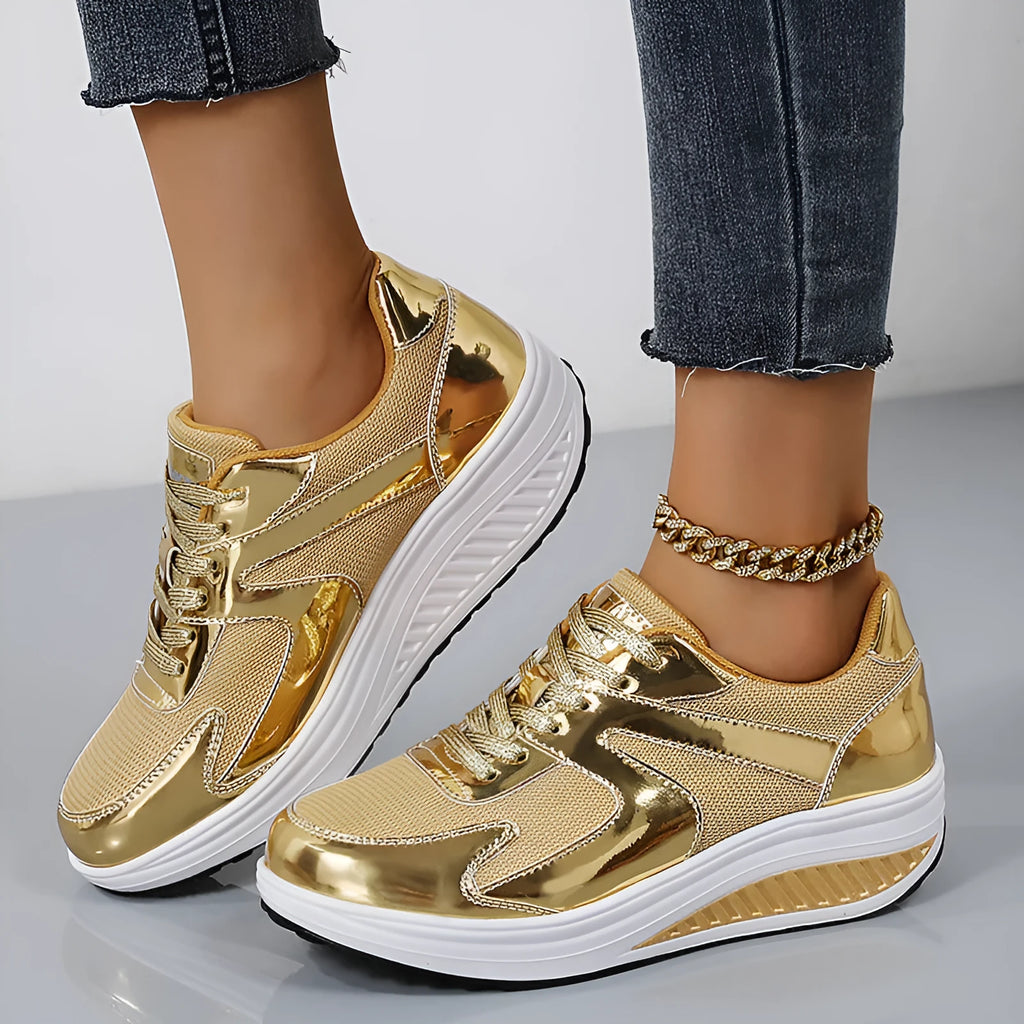 Women's gold mesh platform trainers with cross-strap and thick rubber sole