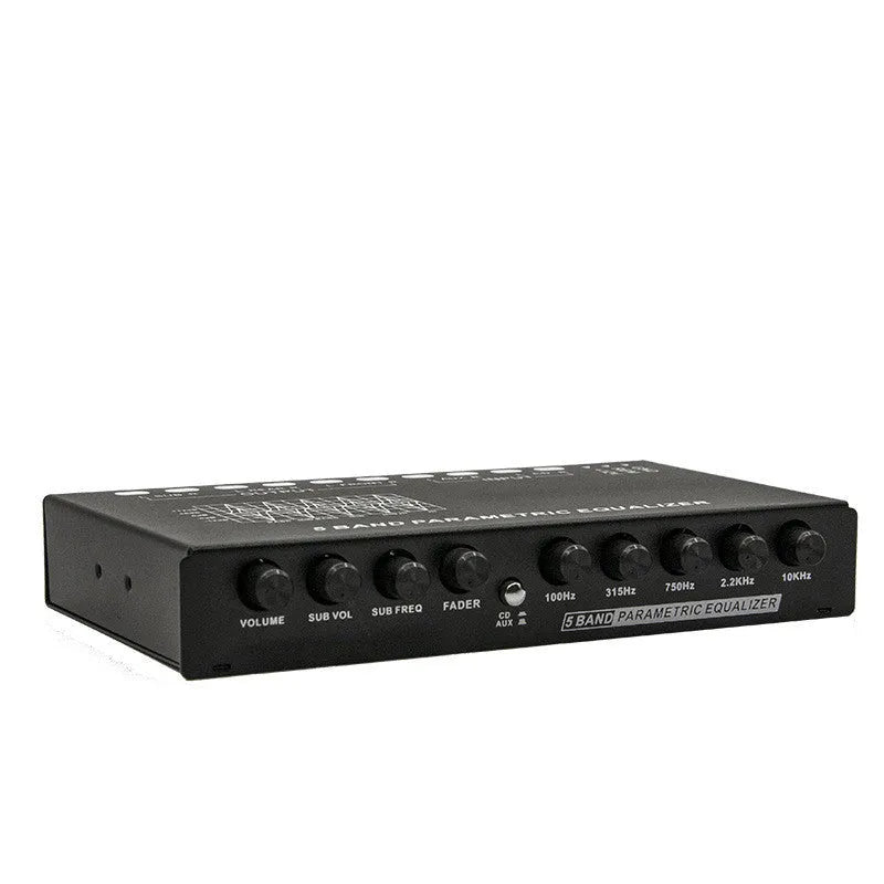Car audio equaliser with front panel controls showing frequency bands and volume adjustments