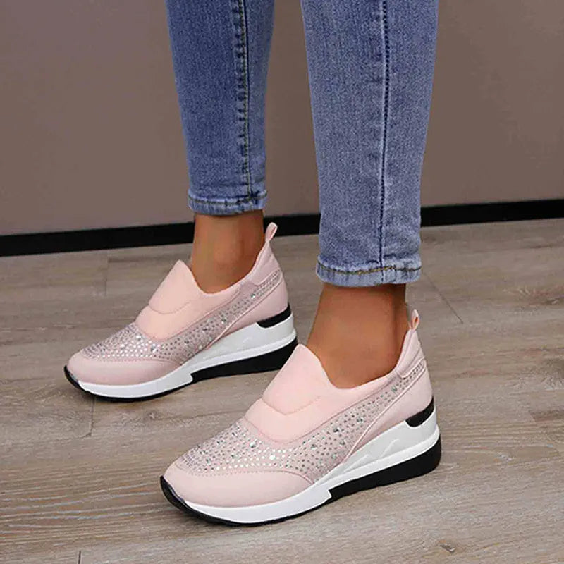 Women's rhinestone wedge shoes with hidden height increase, round toe PU upper, shown in black, pink, and white