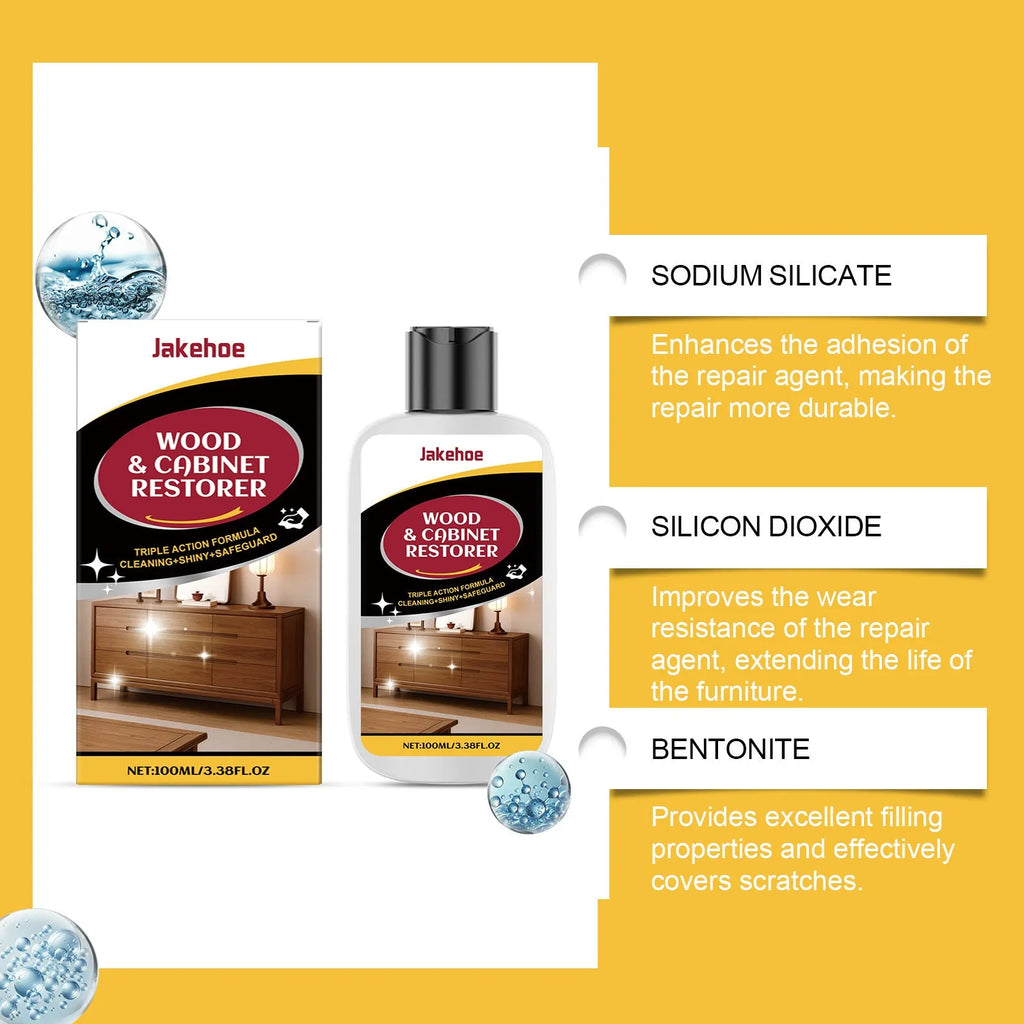 100ml wooden furniture scratch care agent bottle and white microfiber towel on a wooden table.