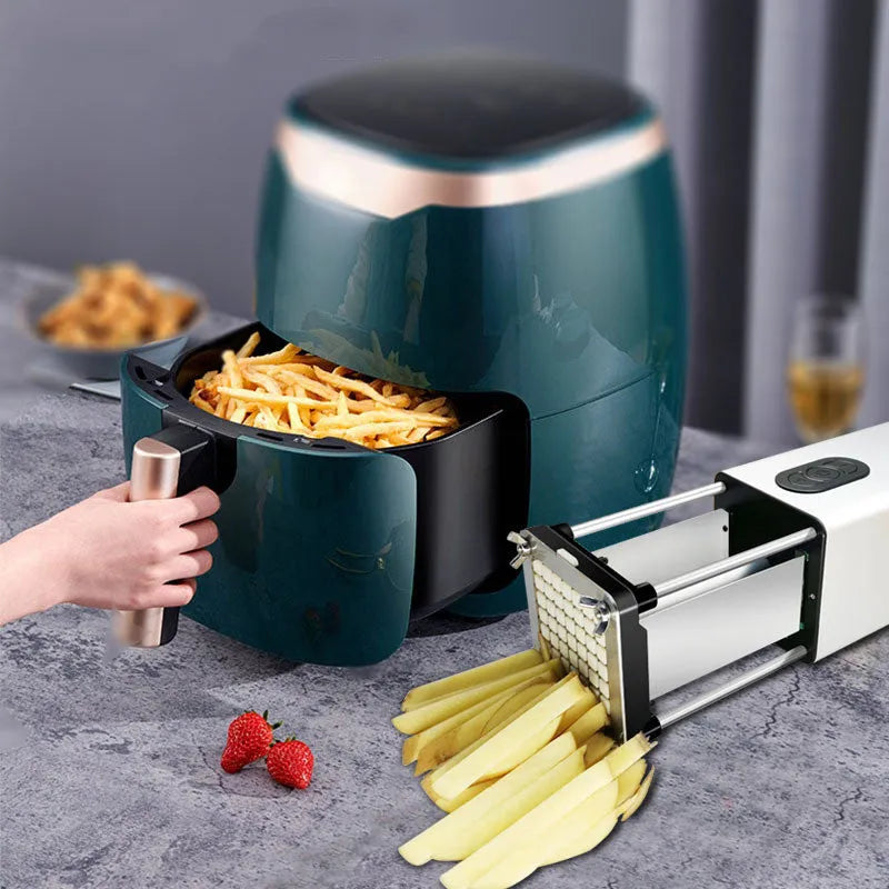 Black electric French fry cutter machine with stainless steel blades on a kitchen counter