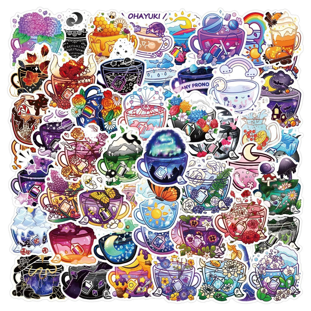 Colourful tea cup graffiti design waterproof stickers in a pack of 50 for DIY decoration.