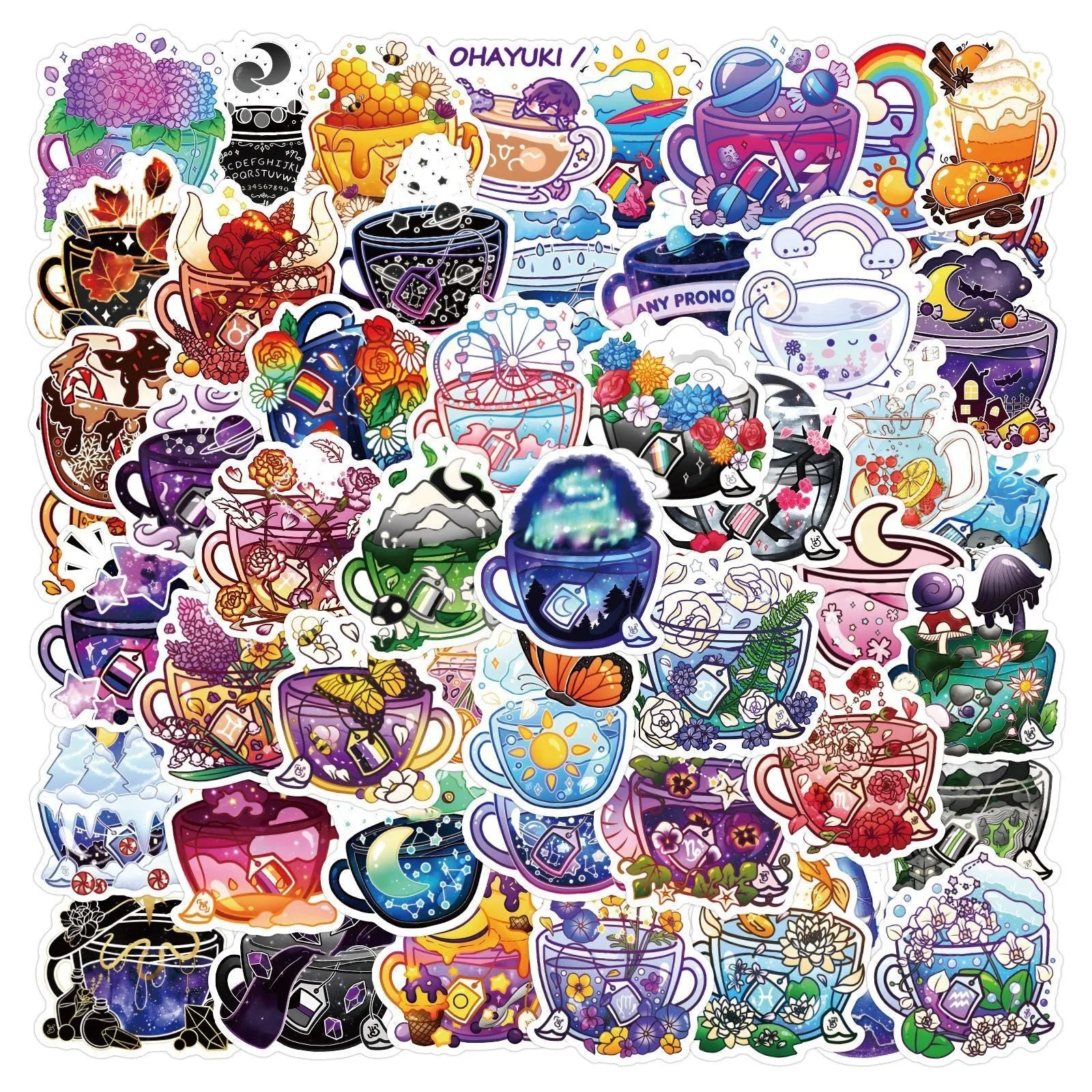 Colourful tea cup graffiti design waterproof stickers in a pack of 50 for DIY decoration.