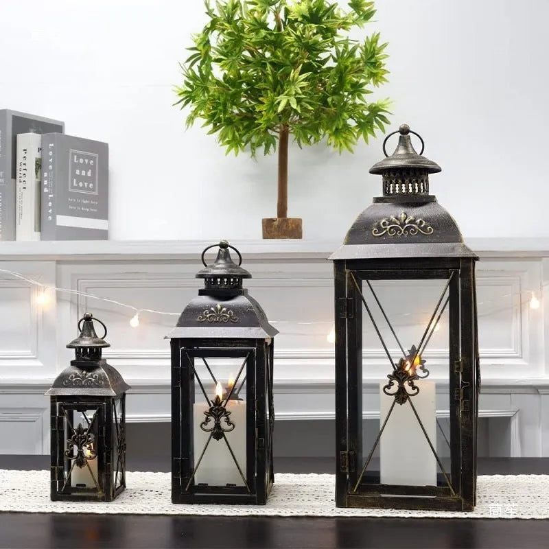 European style wrought iron floor-standing storm lantern with tempered glass panels in black or white finish