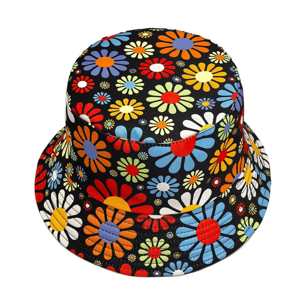 Colourful floral print polyester bucket sun hat with a dome crown, size M.