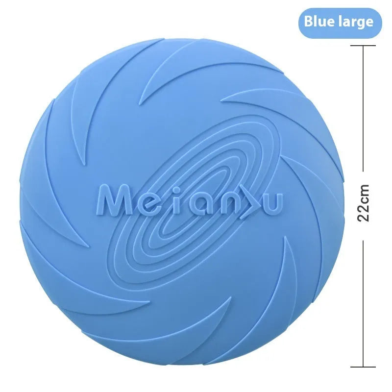 Soft rubber dog frisbee toy in red, blue, and green colour options showing small, medium, and large size variants