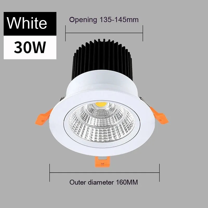 White aluminium embedded LED ceiling spotlight with anti-glare design showing three colour temperature options