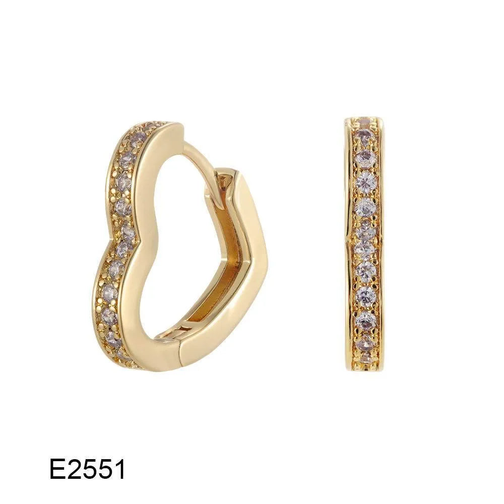 Brass gold plated heart shape zircon ear clip earrings with gang drill elements