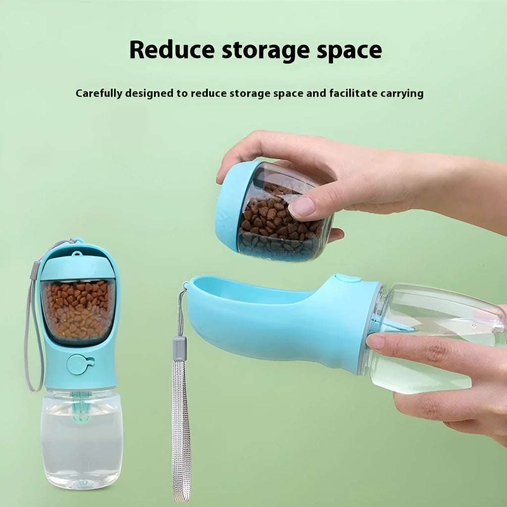 Blue portable two-in-one dog water cup showing bottle and attached drinking bowl