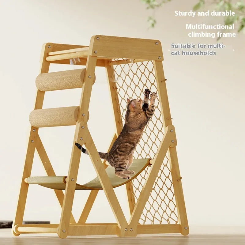 Creative Home solid wood cat climbing frame with sisal climbing net and space capsule in simple style