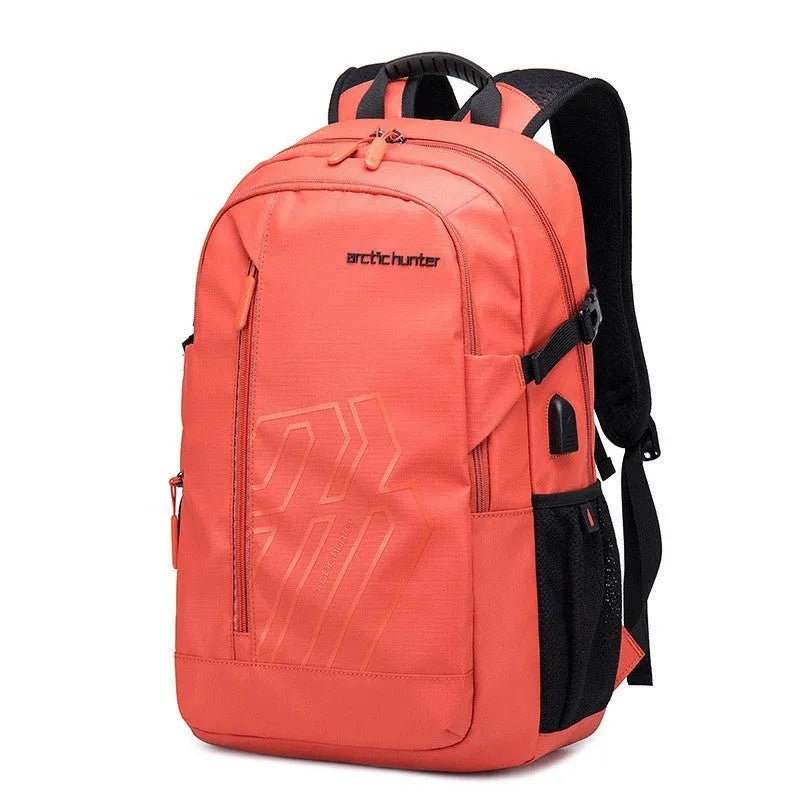 Blue plaid 18-inch casual computer backpack with curved shoulder strap on a white background.