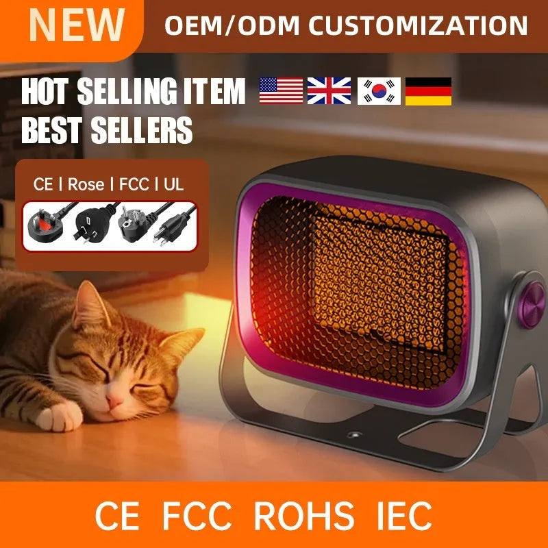 Compact white desktop ceramic heater showing rotatable base and control buttons.