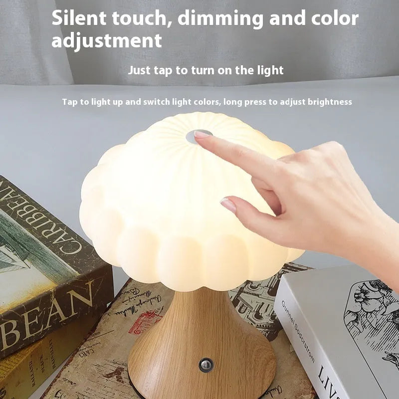 Modern creative mushroom-shaped touch night lamp in wood grain colour, 160mm wide.