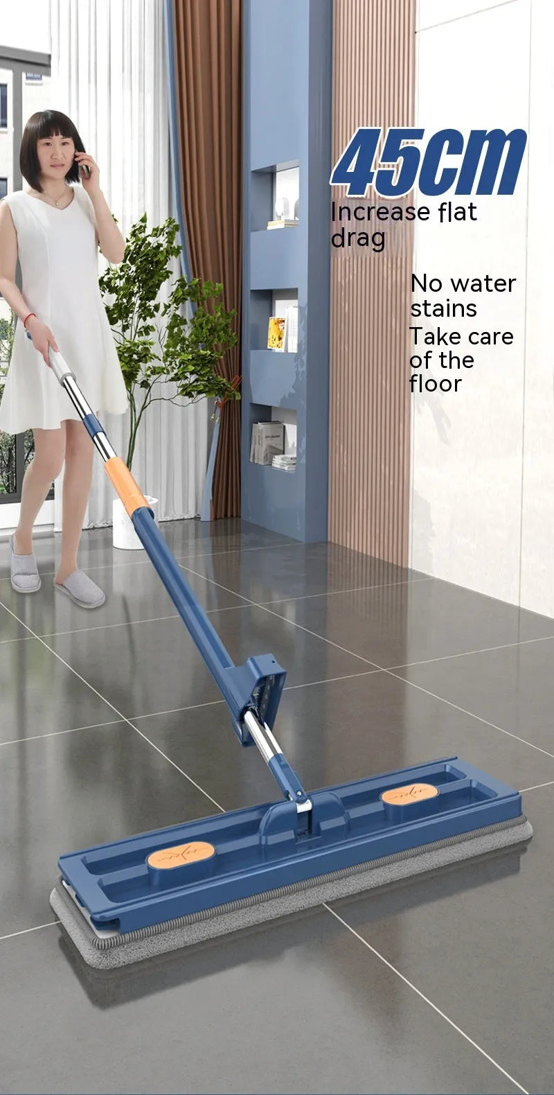 Large flat mop with rotating head and stainless steel handle for cleaning hard floors