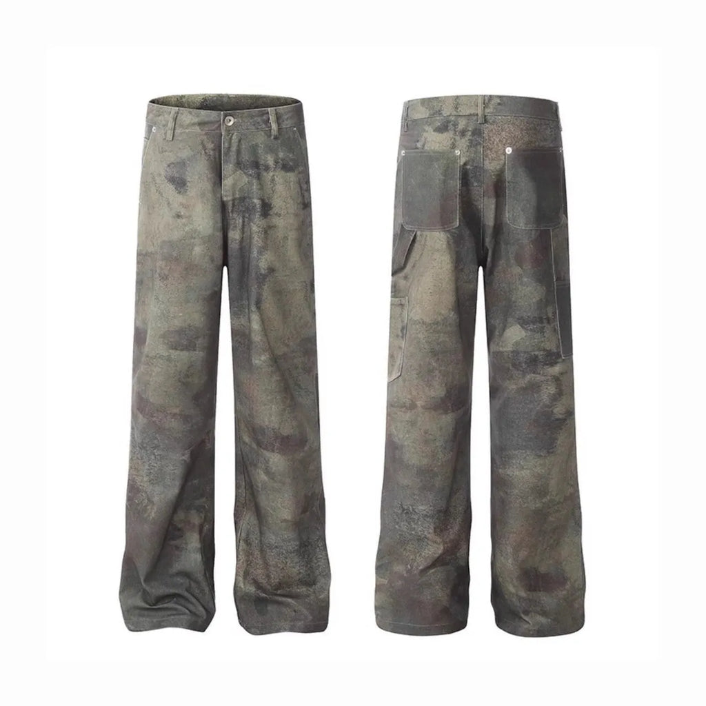 Men's straight-leg denim jeans featuring a digital camouflage pattern in picture colour.