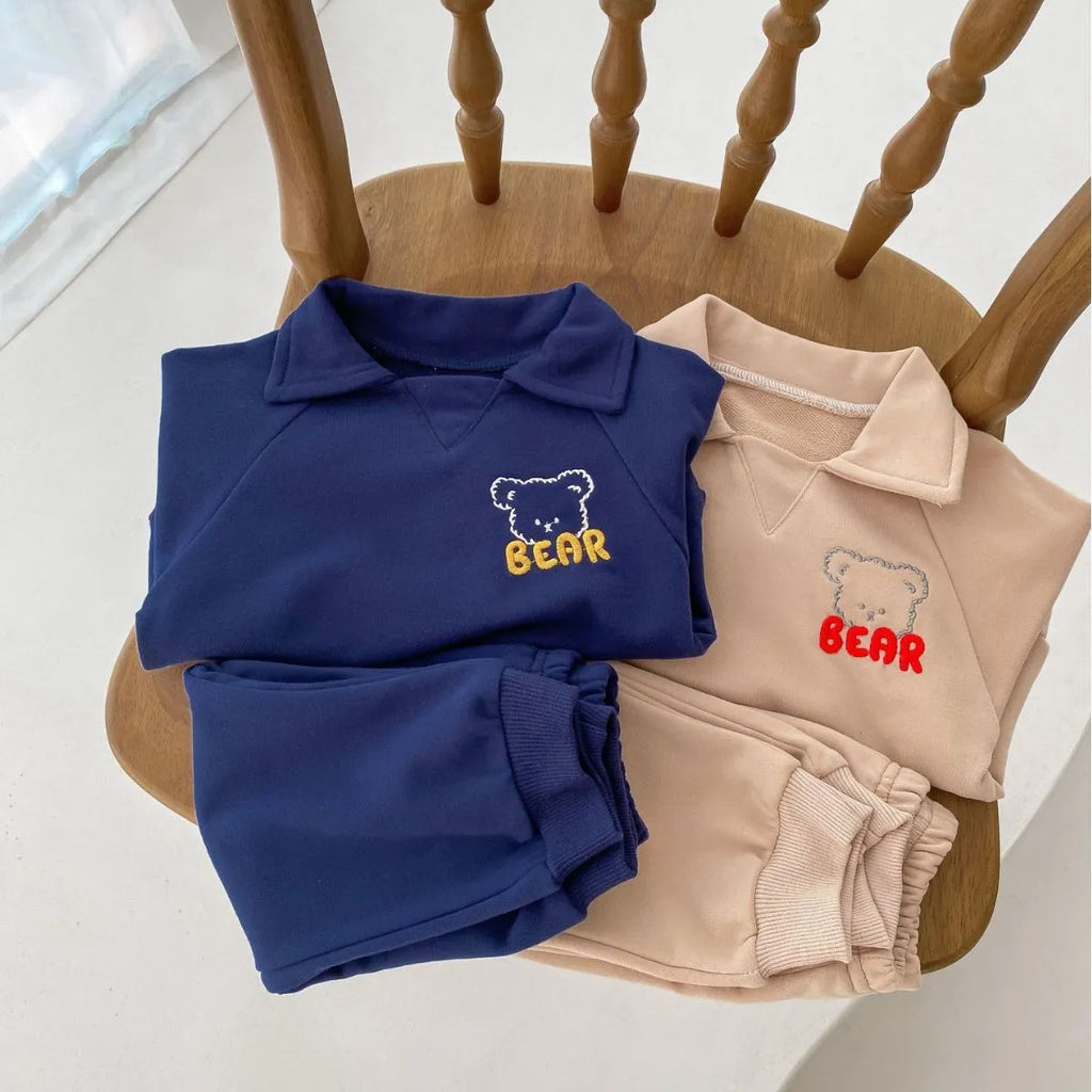 Baby Bear lapel sweater and pants two-piece set in cotton, sapphire blue or khaki beige, sizes 66cm to 100cm
