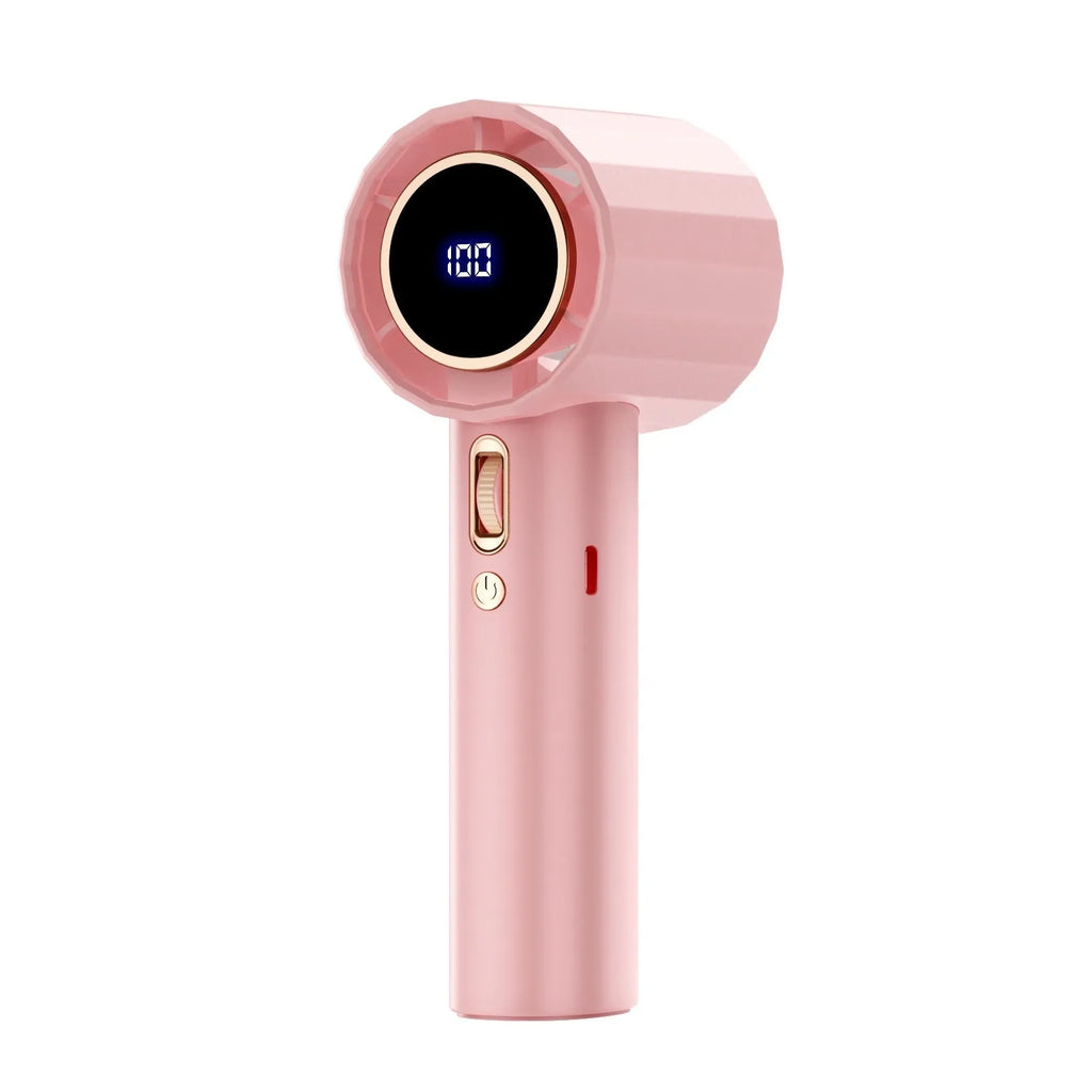 Handheld bladeless mini fan with digital display in grey, white, or pink, USB powered, with hundred gear speed control.
