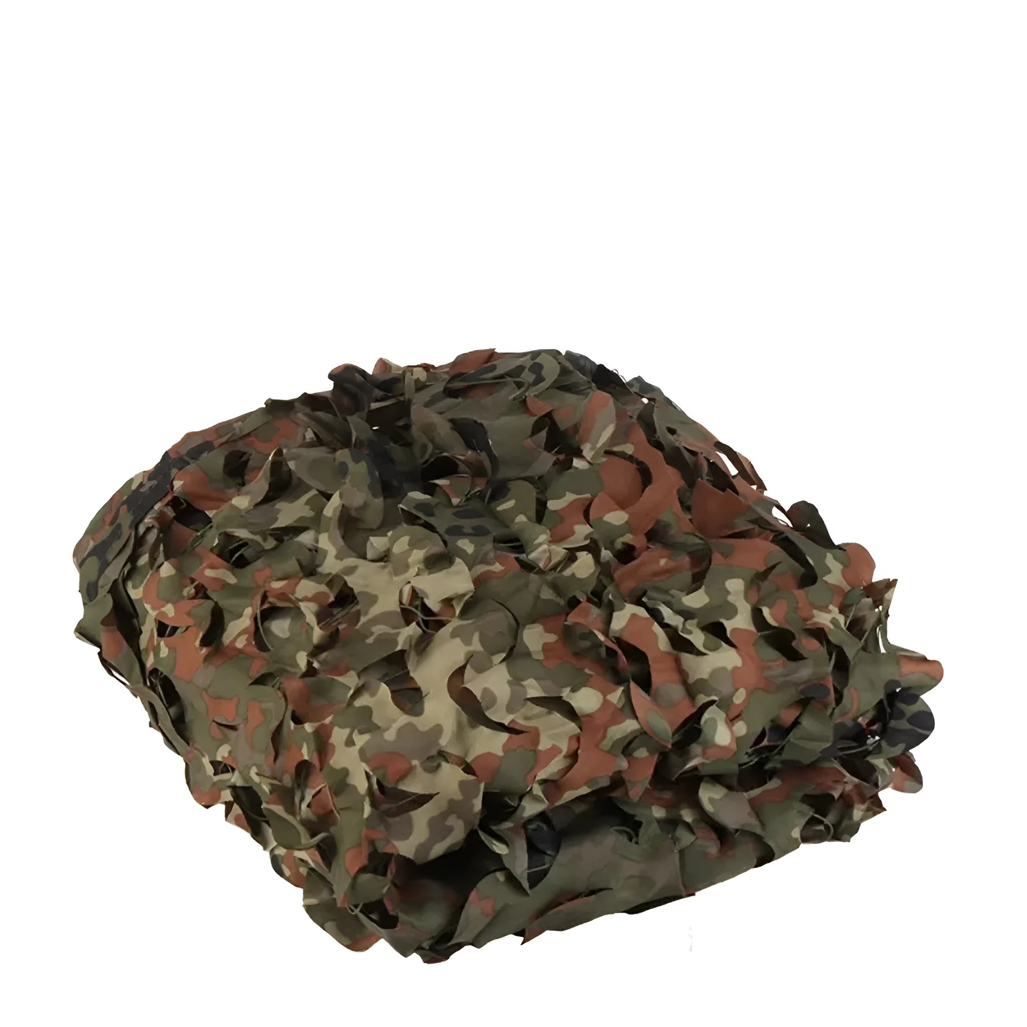 Green camouflage net cover on a forest floor, showing a multi-spot leaf pattern.