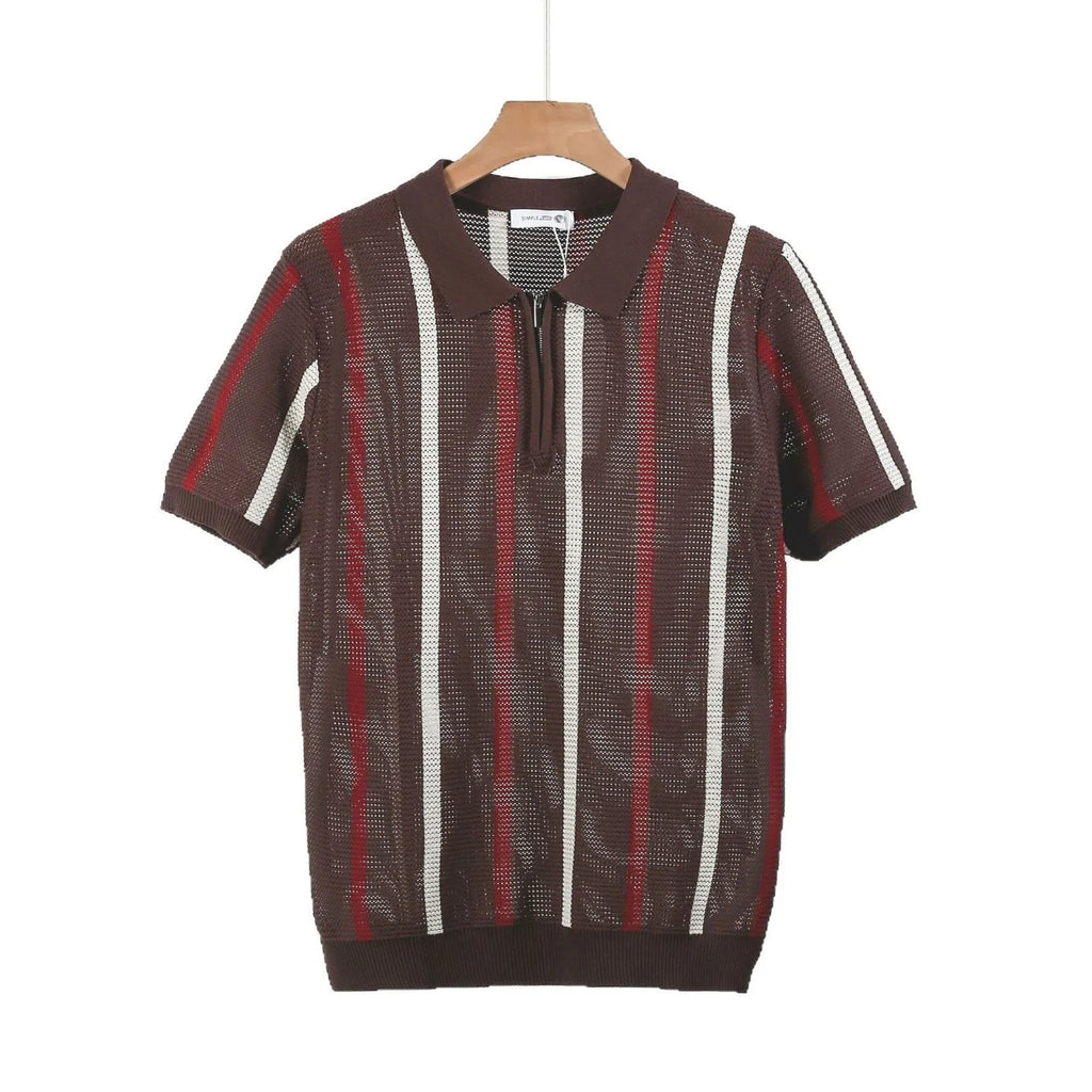 Men's short-sleeved polo shirt in hollow mesh knit with decorative zip details and loose fit for summer